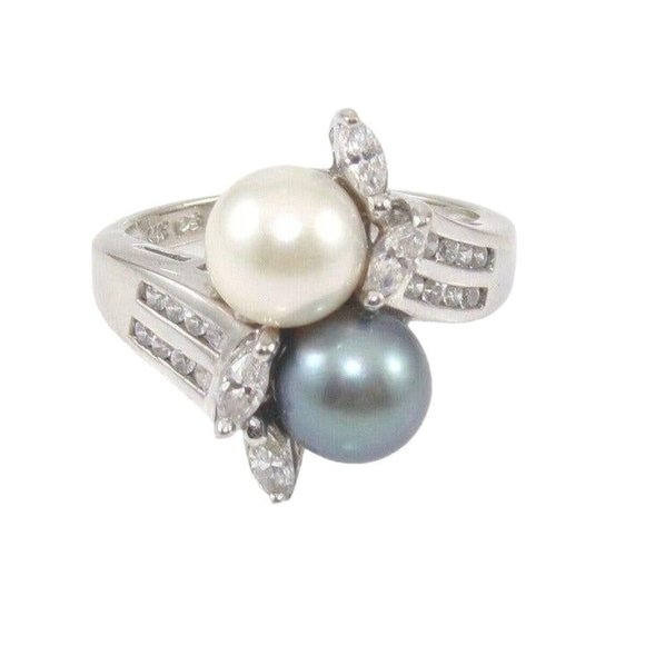 Solid 14K White Gold Pearl Clear CZ Ring Size 5.25